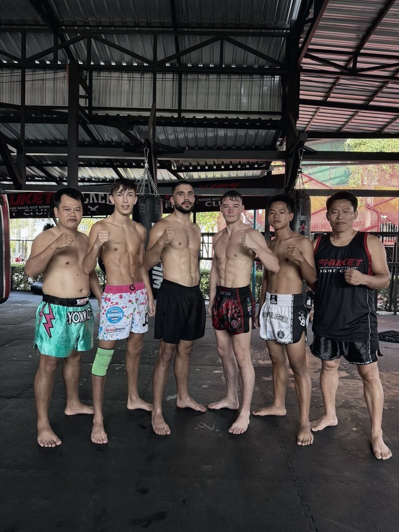 Jayden Gill with training partners and Thai coaches at Phuket Fight Club