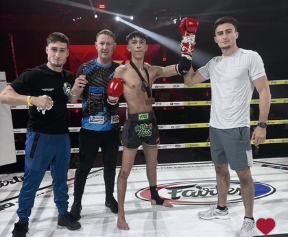 Jayden Gill with his corner after a win at Leapfrog Fight Night